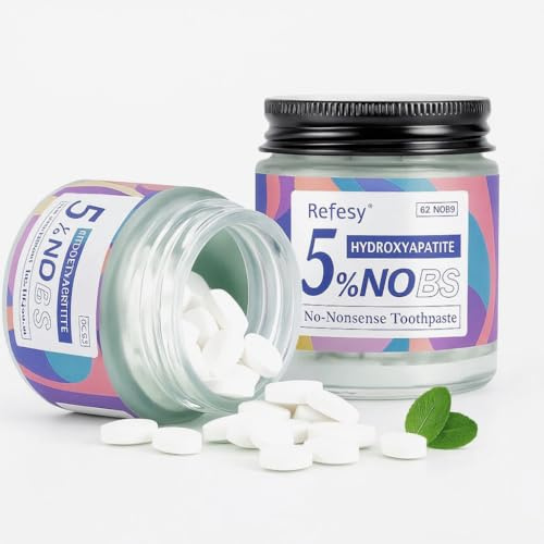 ReFesy Toothpaste Tablets – Fluoride Free & Eco-Friendly, Nano Hydroxyapatite, Peppermint Flavor, Strengthen Teeth & Reduce Sensitivity, Travel-Friendly (Glass Jar Packing) (62 Tablets)