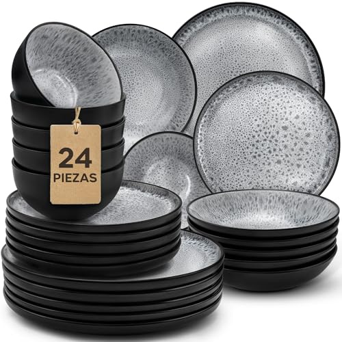 Twinzee 24 Delar Perla Porslin och Bestick - Mikrovågs- och Diskmaskinssäkra - Servis Riviera-kollektionen