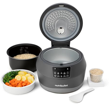 nutribullet EveryGrain Cooker - Olla Arrocera Multifunción, para Arroz y Cereales, Hasta 10 Tazas, 5 Programas Automáticos, Función Mantener Caliente 12h, con Cuchara y Cesta, 600 W, Gris (NBRC605DG)