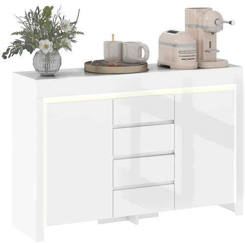HOMCOM Buffet Salon, Meuble de Rangement avec éclairage LED 4 tiroirs Portes à Fermeture Douce et étagères réglables, Style Moderne, Buffet Salle à Manger et Cuisine, 120 x 34 x 80 cm, Blanc Brillant