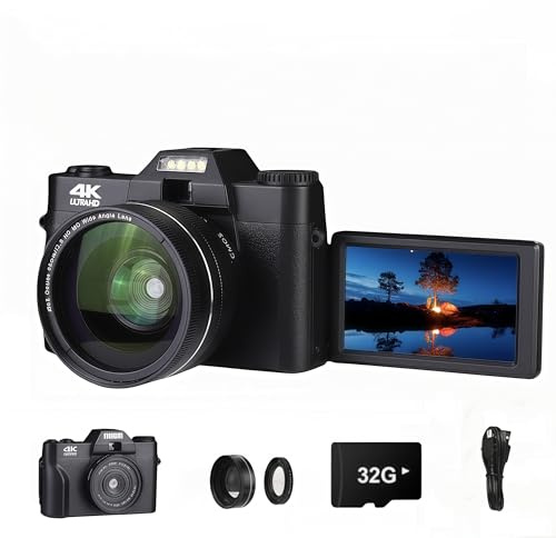 Korons Appareil Photo Numérique- Écran Repliable 3.0 Pouces et Objectif 48MP – Idéal pour Vlogs, Voyages et tournages Quotidiens (Black + Lens,32G)