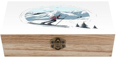 Anceky Caja de madera con temática de esquí, joyero decorativo con tapa abatible, caja decorativa de madera para guardar manualidades y fotos.