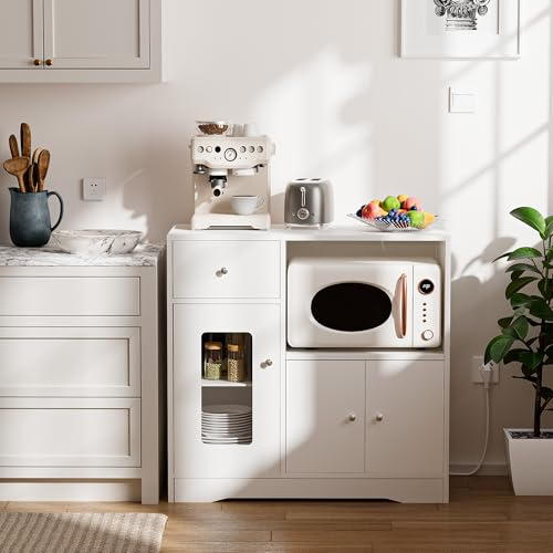ISAKEN Credenza cucina con scaffale a microonde, armadio da cucina con piano di lavoro, armadietto a buffet a LED con cassetti, armadietto multiuso per cucina, soggiorno, sala da pranzo