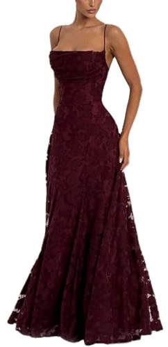 Vestido de tirantes con estampado floral para mujer, vestido largo de encaje, cuello cuadrado, espalda sin tirantes, elegante vestido de fiesta de línea A para graduación, fiesta., granate, XL