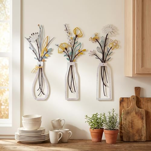 HUASUN Set de 3 Decoraciones de Pared de Metal con Flores – Estilo Boho Rústico, Esculturas con Florero y Siluetas Minimalistas, Arte para Salón, Dormitorio o Cocina (Blanco)