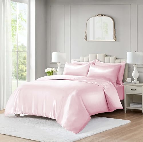 ROOEE 10 Piece Satin Silk Complete Bedding Set – Luxury Satin Duvet Cover, Silky Fitted Sheet with Matching Pillowcases, Sleep Mask, Hair Accessories & Storage Pouch (Baby Pink, Single)