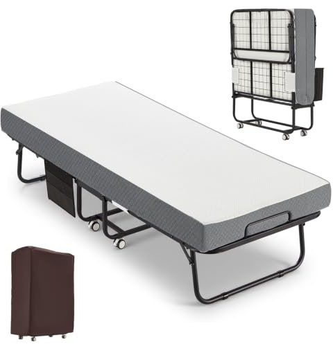 Folding Bed with Mattress, 190x80cm Portable Fold Up Bed with Storage Bag