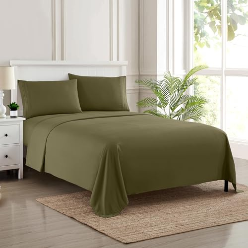 Sweet Home Collection Luxury Bedding Set with Flat, Fitted Sheet, 2 Pillow Cases, Microfiber, Olive, Queen