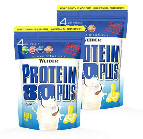 WEIDER Protein 80 Plus Eiweißpulver, 2 Pack, Kokosnuss, Low-Carb, Mehrkomponenten Casein Whey Mix für Proteinshakes, 2x500g