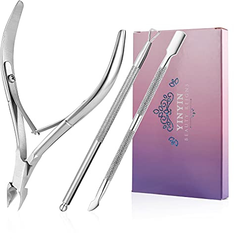 YINYIN Cuticle Trimmer with Cuticle Pusher and Cutter, Professional Stainless Steel Nippers, Cutter Clippers, Cuticle Remover, Pedicure Manicure Tools for Fingernails and Toenails, Sliver