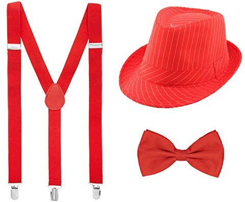 Juego 3 de Tirantes Elásticos Pajaritas Ajustables y Sombrero de Copa Accesorios 1920 para Fiesta Carnaval (Rojo, Pack niño/sombrero 52cm)