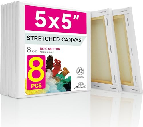 PHOENIX Small Stretched Canvas for Painting 5x5 Inch/8 Value Pack, 8 Oz Triple Primed 5/8 Inch Profile 100% Cotton White Blank Canvas, Square Framed Canvas for Oil Acrylic & Pouring Art