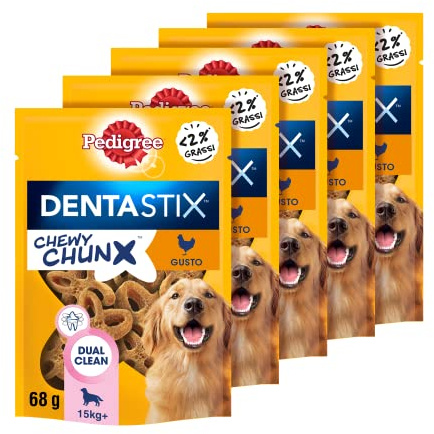 Pedigree Dentastix Chewy Chunx - Snack Dentaire au Poulet pour Chiens de Taille Moyenne et Grande - 5 Sacs de 68 g