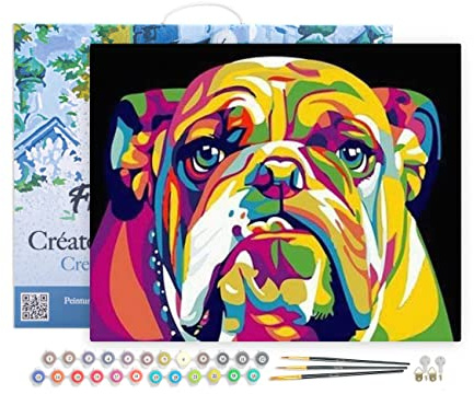 Figured'Art Peinture par Numéro Adulte avec Cadre Bulldog Pop Art - Activité Manuelle Kit de Loisir Créatif DIY Numéro d'Art Complet - 40x50cm toile tendue sur châssis