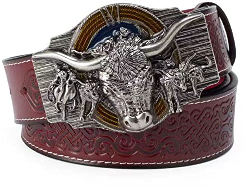 WRJAHCG Gürtel Western für Cowboy, Vintage Long Horn Bull Rodeo Western Cowboy Gürtel,Silver red,130CM/51.2''