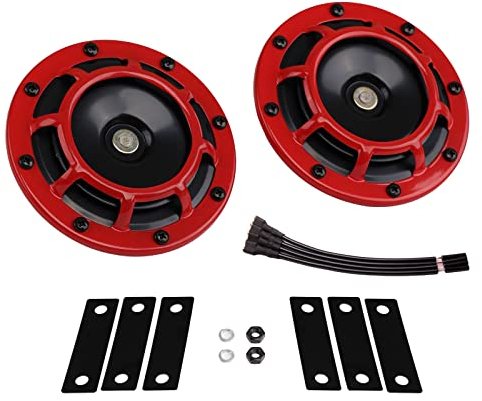 Auto Hupe 12 Volt Hochton/Niedriger Ton Doppelhorn Kit mit Rot Schutzgitter Metall Twin Horns Kit für Auto Motorrad, Rot Set Hoch/Tiefton