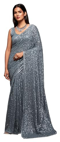 TRENDMALLS Women's Heavy Georgette Sequins work Saree with Unstitch Blouse Piece (K951-Grey)