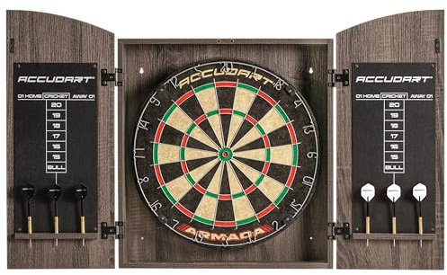 Accudart Armada Bristle Dartboard Cabinet Set – Official 18” Sisal Board, Self‑Healing Fibers, Grey Wood Cabinet, Round Spider Wires, Rotating Number Ring – Includes Steel‑Tip Darts