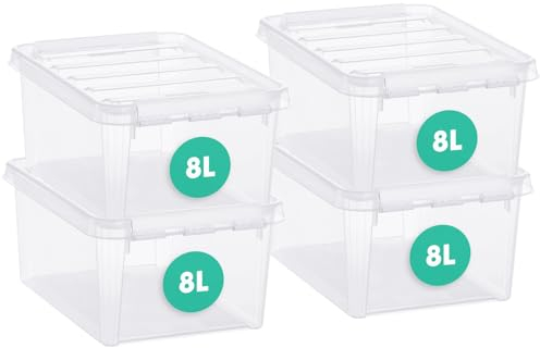 SmartStore - 4x Aufbewahrungsbox mit Deckel Classic 8L (34x25x16cm) | Stapelbare Box mit Deckel | Lebensmittelechte Kunststoffbox | Plastikbox mit Deckel & verstärkten Ecken | 10 Jahre Garantie