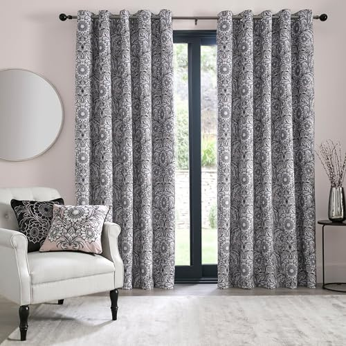 Laurence Llewelyn-Bowen Black & Natural Floral Blackout Curtains - W90 x L90 (229 x 229cm) - Thermal Insulated Mandala Bohemian Drapes for Living Room & Bedroom