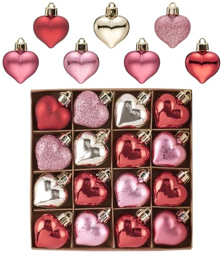 Valery Madelyn Romantic Heart Shaped Ornaments- Valentine's Day Decor Gift Set of 16 Red Pink Gold Shatterproof Hanging Tree Baubles for Christmas, Wedding, Anniversary, Party & Home Decor