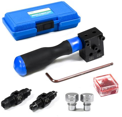 SMOTIVEPRO Brake Pipe Flaring Tool 3/16 SAE and 1/4 SAE, Handheld Double Brake Flaring Tool Kit, 45° Single Double Bubble Flares for Seamless Brake Line Repairs and Custom Flaring
