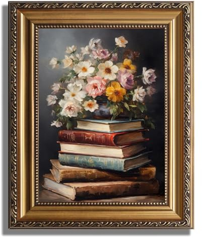 JOFANG Vintage Gold Framed Wall Art for Bedroom,Book and Floral, 12x16in | Vintage Wall Pictures for Living Room,Wall Art for Kitchen,Bathroom Pictures and Wall Art,Retro Aesthetic Home Decor