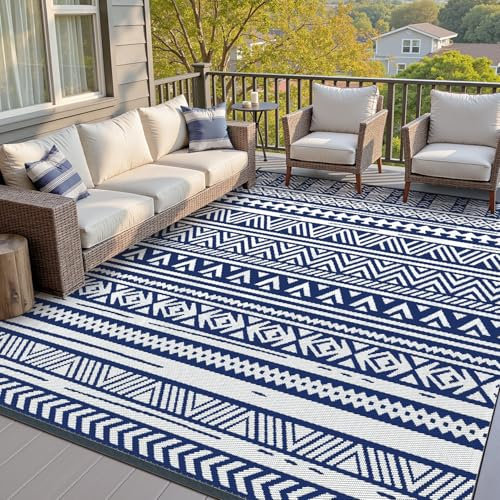 SIXHOME Tapis d'Extérieur Imperméable et Réversible, Tapis de Jardin Bohème Résistant aux Pluie pour Terrasse, Balcon, Salon, Plage, Camping, 180 * 270cm Bleu Marine