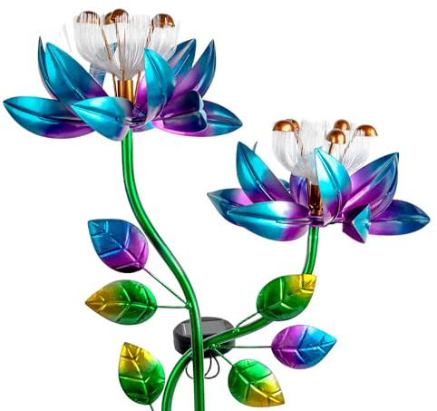55'' Solar Powered Kinetic Wind Spinner Sculpture Blue Lotus Metal Stake Spinner for Patio, Lawn and Garden Decor Weather-Resistant Outdoor Art with Dual Lotus Design
