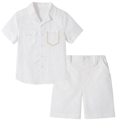 LOLANTA Completo Estivo Bambino, Set Camicia Bianca e Pantaloncini in Lino, Abbigliamento Elegante Estivo per Bambini(Bianco, 10-11 anni, 150)