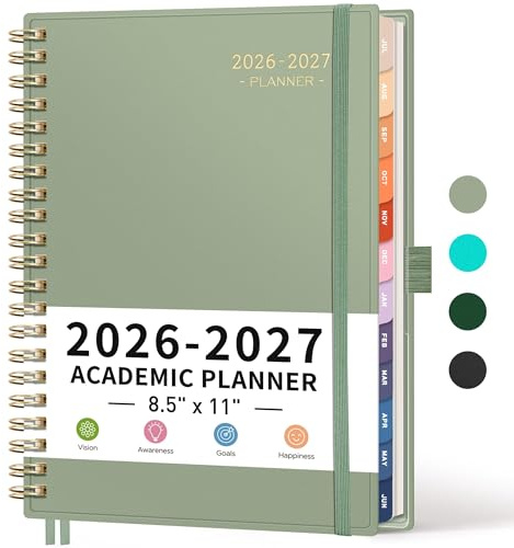 RETTACY Academic Planner 2026-2027, Weekly and Monthly, July 2026 - June 2027, Large Size (8.5 x 11), Calendar, Agenda, 12-Month Tabs, for Student, Teacher, School (Light Green)