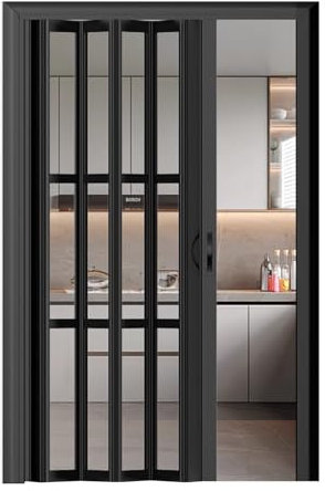 Concertina Door Pleated Magnetic Catch PVC Concertina Accordion Door, Folding Doors Internal Grey White Black for Living Room Wardrobe Bathrooms, Customizable(Black,65cmx101cm)