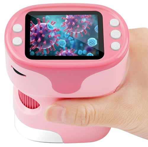 AXFEE Microscopio 1000X, Microscopio Portatil de 4K 2 Pulgadas, Recargable,6 Luces LED Ajustables, con Tarjeta SD de 32GB y 6PCS Muestras de Portaobjetos, Rosa