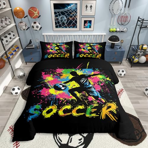 Homewish Soccer Duvet Cover for Children, Teenagers, Neon Splatter Art Player Silhouette Bed Linen, 135 x 200 cm, Football Cool Rainbow Tie Dye Pattern Bed Set, Microfibre, 1 Pillowcase, Football Fans