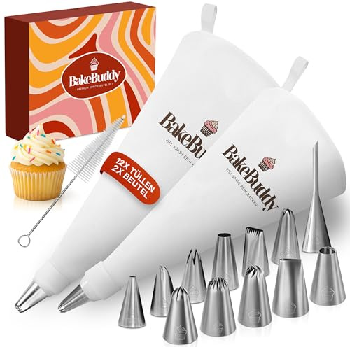 BakeBuddy Sac à Poche Professionale (Set da 17) – 2 Sac à Poche Riutilizzabili in Cotone (35 & 40 cm) con Grandi Bocchette in Acciaio Inox | Per Torte e Cupcake | Lavabile in Lavastoviglie