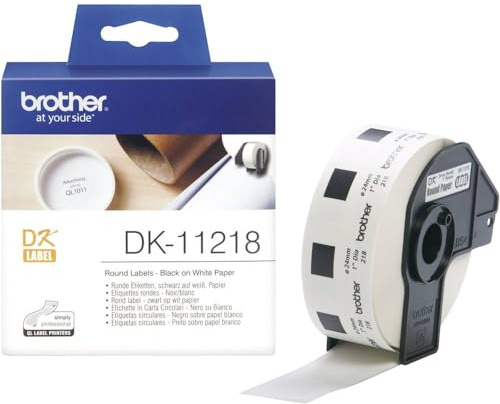 Brother DK-11218 Label Roll, Round Labels, Black on White, 1000 Labels, 24 mm, Brother Genuine Supplies