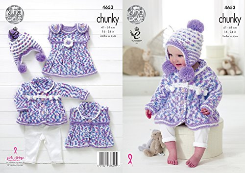 King Cole Baby Chunky Knitting Pattern Coat Dress Waistcoat & Pompom Hat Set (4653) by King Cole