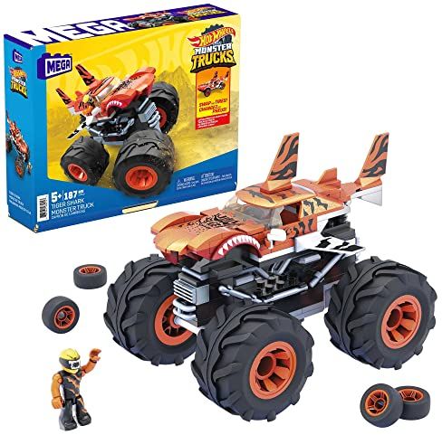 MEGA Hot Wheels Monster Truck Building Toys, Tiger Shark with 1 Micro Action Figure Driver, Giant Wheels and Tiger-Striped Paint, GVM26