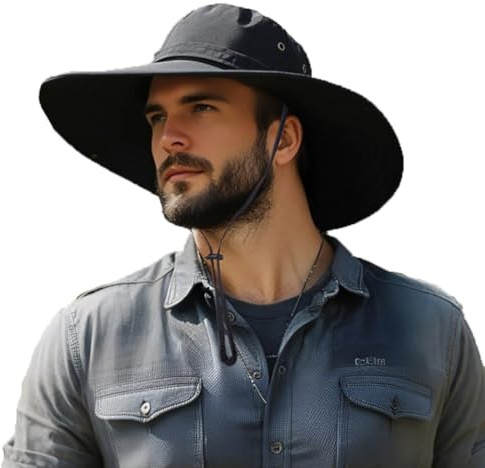 Superbrett brätte utomhus solhatt för män, fiskehatt UPF 50+ UV solskydd vattentät hinkhatt, U044 Svart, XL