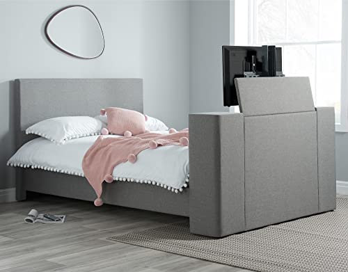 happybeds TV Bed, Plaza Grey Fabric Electric Media TV Bed in 2 Sizes and 4 Mattress Options (4FT6 - Frame Only, Grey)