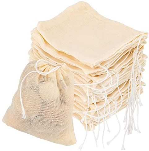 HEIHAK 100 Pieces Cotton Muslin Bags, 8 x 10 cm Muslin Drawstring Bags for Straining, Small Spice Bag for Cooking, Suitable for Storage, Party, Candy Packing, Decorating, DIY Bag, Beige