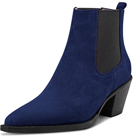 Castamere Femmes Bloc Chunky Bas Kitten Talon Heel Fermé Pointu Bout Bottines Slip-on Bureau Dress 6.5 CM Heels Bottes Bleu Marin 36 EU