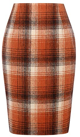 Kinghua Minigonna a quadri da donna in lana Autunno Inverno a vita alta aderente Gonna a matita, Arancione/Ginocchio, XL