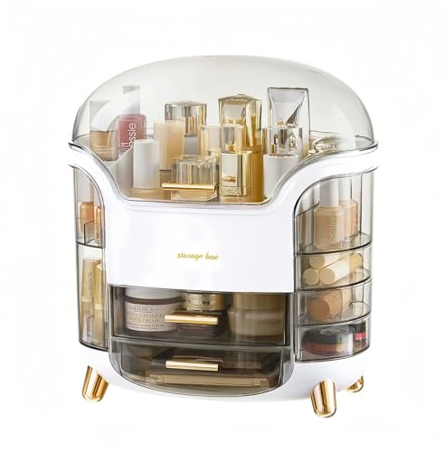 SIOOUI Makeup Organiser Storage Box with Clear Lid - Cosmetic & Skincare Case with Drawers and Lipstick Slots, Dust-Proof Waterproof for Makeup, Jewelry, Vanity Dresser, Bathroom Table