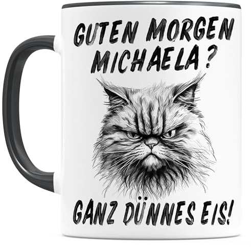 Guten Morgen ganz dünnes Eis Tasse für Morgenmuffel personalisiert mit Namen lustige Katzentasse Katze Kaffeetasse aus Keramik Schwarz 330 ml