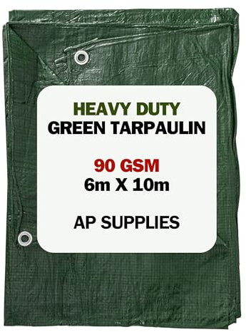 6m x 10m Green Tarpaulin Cover - 90gsm Thick - 20ft x 33ft Waterproof, Weatherproof, Frost-Resistant, UV Protection, Universal, Multipurpose, Groundsheet, Camping, Boating, Hiking Heavy Duty Sheet