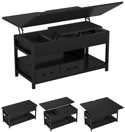 Couchtisch Höhenverstellbar, 3-in-1-Multifunktions-Wohnzimmertisch, Couchtisch mit 2 Schubladen, Kaffeetisch, Versteckte Aufbewahrung, Offenes Fach, Als Esstisch nutzbar, für Wohnzimmer, Büro, Schwarz