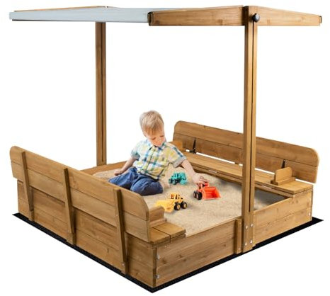 Kids Sand Box with Cover，Wooden Outdoor Sandbox with Lid，Foldable Bench Seat/Adjustable Canopy，UV-Protection &Natural Wood，Sand Box for Kids Ages 2-8（47x47in）