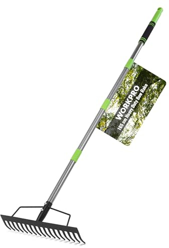 WORKPRO 165 cm Adjustable Garden Rake, 17 Tines Metal Head Rakes with High Strength Handle, Heavy Duty Garden Rake for Loosening Soil, Gathering Leaf, Leveling Lawn, Farming Land