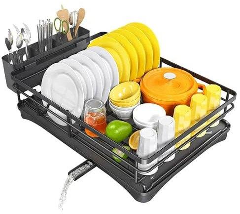 QUICK ZONE Dish Drying Rack, Space-Saving Rust-Resistant with Utensil Holder, Drainage Tray & Nonslip Feet Compact, Durable & Easy to Clean for Kitchen Use.